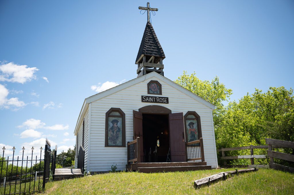 St. Rose Chapel with its doors open on the wedding day