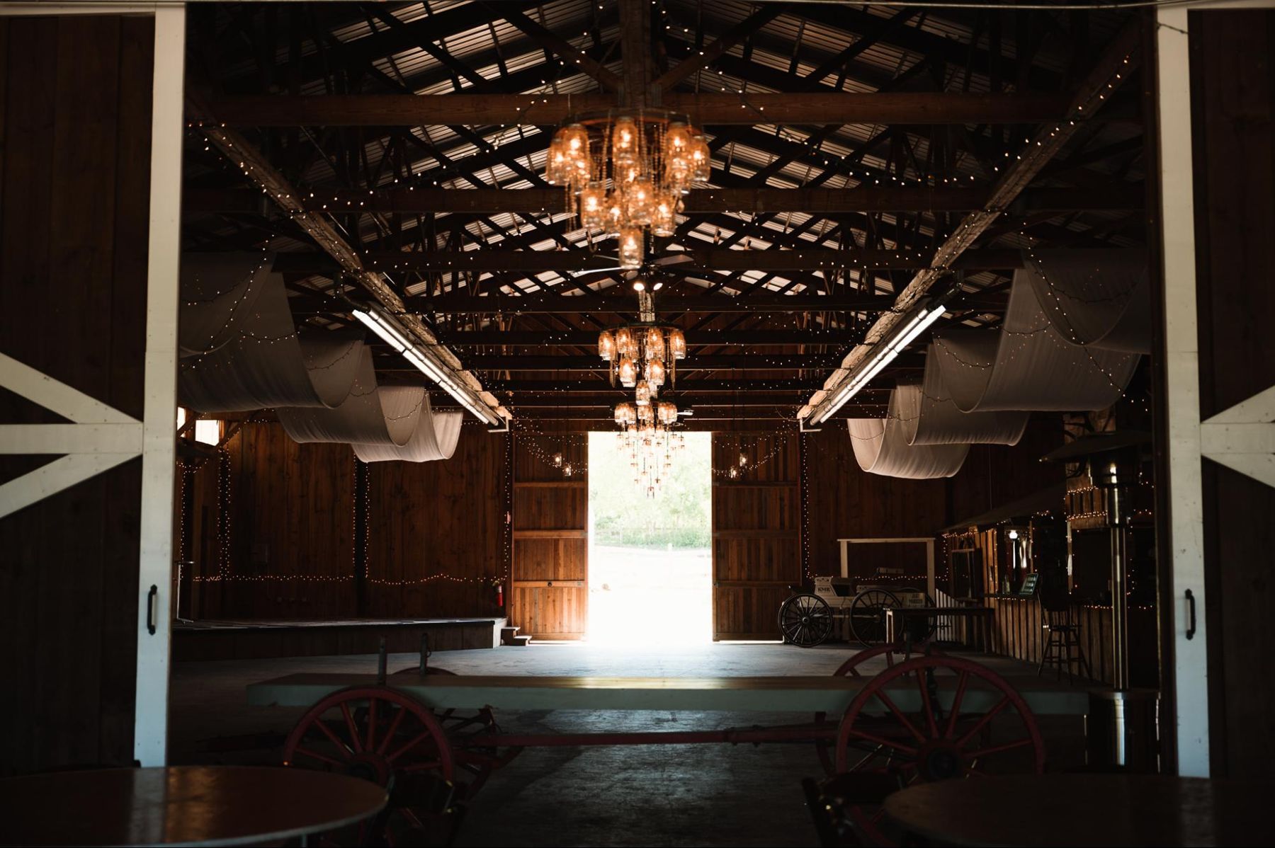 Buckhorn Barn interior with chandeliers